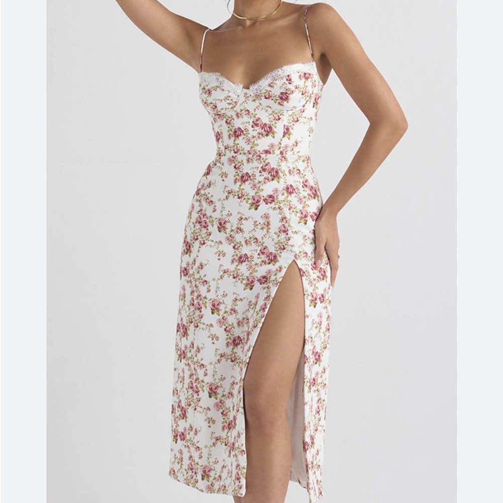 House of CB White Floral Midi Dress with Pink Roses